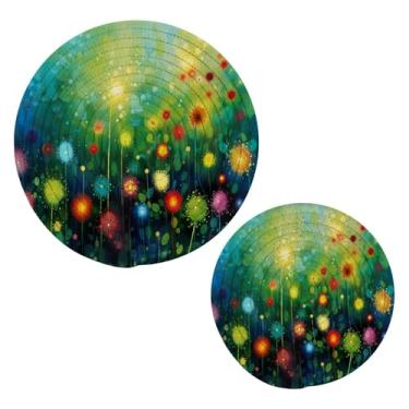 Imagem de Blueangle 2 peças de suporte de panela para pintura de flores coloridas - conjunto de pegadores de panela de tecido redondo - almofadas quentes trançadas de algodão - porta-copos - tapetes de mesa