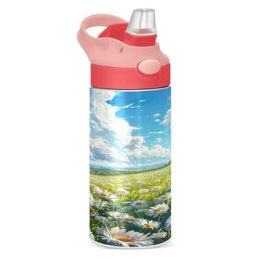 Imagem de Blueangle Garrafa de água de campo de margaridas de aço inoxidável isolada de 350 ml com tampa de canudo - Garrafa esportiva reutilizável e portátil à prova de vazamento para viagens, ao ar livre (431