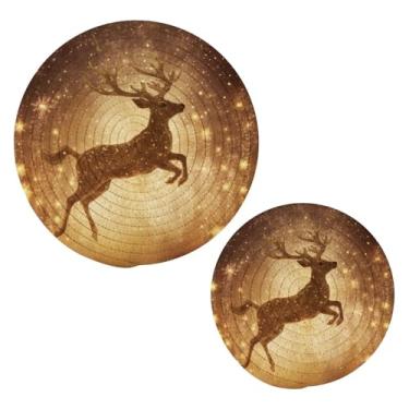 Imagem de Blueangle 2 peças Golden Deer Trivet Pot Holder - Conjunto de pegadores de panela de tecido redondo - Almofadas quentes trançadas de algodão - porta-copos - Tapetes de mesa para cozinhar e assar (512)