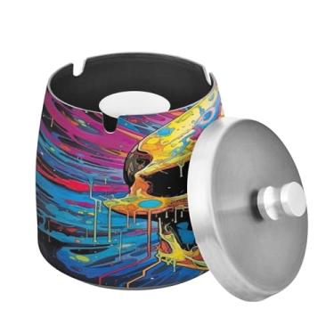 Imagem de Blueangle Cinzeiro de caveira colorido com tampa para cigarros, à prova de vento/chuva, aço inoxidável, sem fumaça, inodoro, cinzeiro para uso interno ou externo (470)