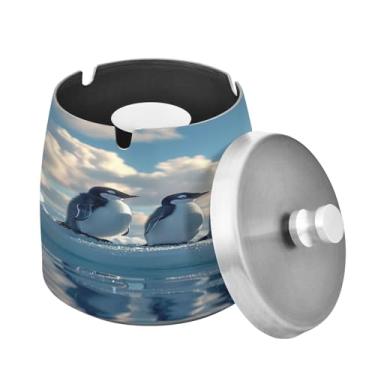 Imagem de Blueangle Cinzeiro Blue Penguins com tampa para cigarros, à prova de vento/chuva, aço inoxidável, sem fumaça, inodoro, cinzeiro para uso interno ou externo (367)