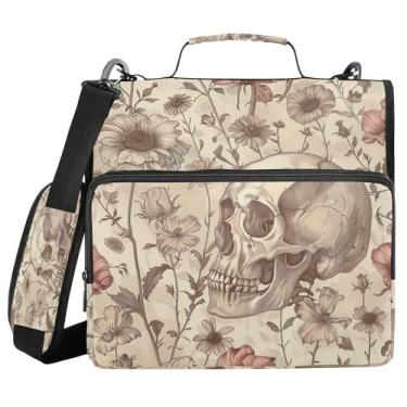 Imagem de SEHANY Fichário com zíper de caveira e flor com alça de ombro, capacidade para 500 folhas, vários bolsos, fichário com 3 anéis e zíper de 3 anéis