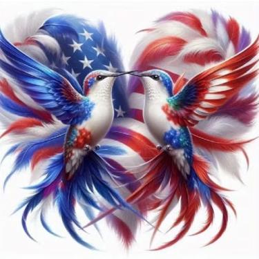 Imagem de KTHOFCY Kits de pintura de diamante beija-flor 5D DIY para adultos, bandeira americana, bordado, ponto cruz, cristal, strass, pinturas, artes, decoração de parede, kits de pontos 11,8 x 11,20 cm