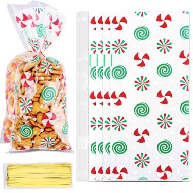 Imagem de Lxzyu Sacos de presente de celofane de Natal com torção, saco de petisco de floco de neve de Natal, sacos de plástico transparente para biscoitos doces com laços torcidos para suprimentos de festa de