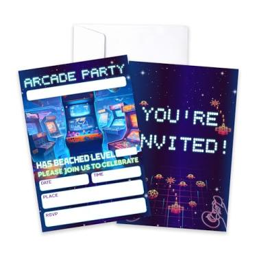 Imagem de CLIRBE Convites de festa de aniversário da Arcard Games, Glow Neon Games Convites de aniversário para irmão irmão adolescentes meninos meninas, 20 cartões de convites com 20 envelopes, lembrancinhas