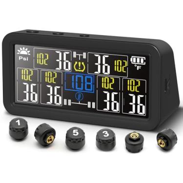 Imagem de Flydew Sistema de monitoramento de pressão de pneu de 6 rodas - TPMS - com visor LCD de 10 cm - monitor de pressão de pneu de 5 modos para trailer/trailer/caminhão/, kit TPMS de carregador duplo solar