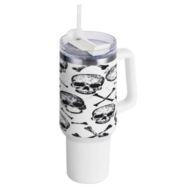 Imagem de Kigai Copo de caveira engraçado de 1,134 g com tampa e canudo, copo isolado de aço inoxidável durável à prova de vazamento com alça, garrafas de água à prova de derramamento para viagens