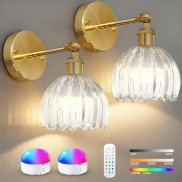 Imagem de SMARYONG Arandelas de parede vintage operadas a bateria, com abajur de vidro tulipa cinza, luz de parede recarregável sem fio alimentada por bateria para quarto, sala de estar, banheiro, corredor