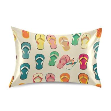 Imagem de xigua Fronha de cetim com padrão de chinelos coloridos para cabelo e pele, lavável na máquina, almofada de cetim resfriadora, capa de cama padrão com fecho de envelope, 51 cm x 66 cm