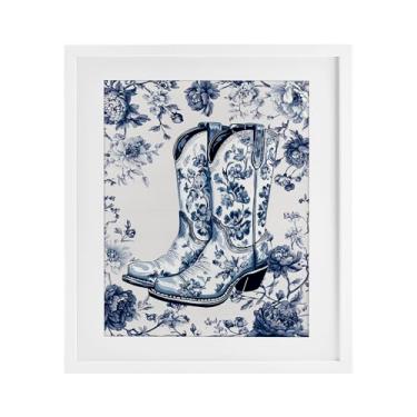 Imagem de Stupell Industries Blue Spring Florals & Boots Impressão emoldurada branca sob vidro, design por Lettered and Lined, 16 x 13