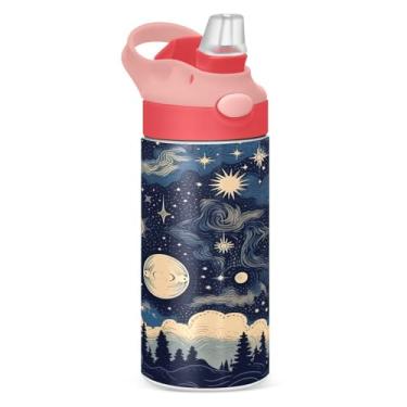 Imagem de Wassud Garrafa de água infantil isolada com tampa de palha, garrafas de água de aço inoxidável para crianças, estrelas de 350 ml e lua com nuvens