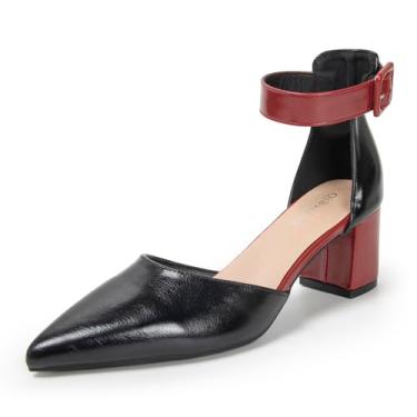 Imagem de qibusleen Sapatos femininos dourados e prateados de casamento com glitter, sapatos de casamento para noivas, dois tons, elegante, tira no tornozelo, bico fino, salto baixo e grosso, Preto/Borgonha, 40