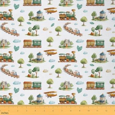 Imagem de Tecido impermeável de trem de avião por The Yard Cartoon Town House decorativo para estofados e projetos de casa DIY aquarela estrelas nuvens árvores, 2 metros, 182,9 cm C x 149,9 cm L