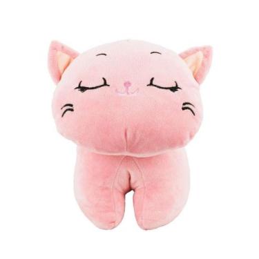 Imagem de Gato De Pelúcia Carinha Feliz Detalhes Bordado 32Cms - Rosa Olho Fecha