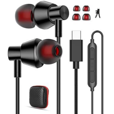 Imagem de iMangoo Fones de ouvido USB C com fio com microfone, som estéreo HiFi, chip DAC, cabo trançado, sem emaranhados, tamanhos P, M, G, pontas e estojo de transporte para iPhone 15/16/17 Galaxy S25 S24 S23