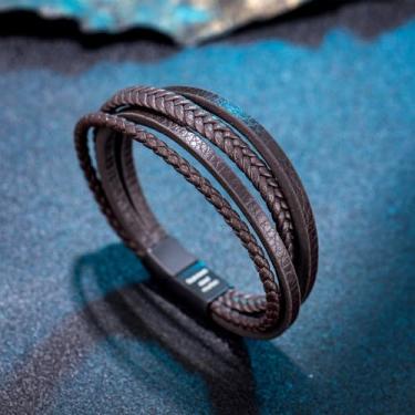 Imagem de Pulseira de couro ajustável com fecho de aço inoxidável, pulseira trançada de couro legítimo, presente de dia dos namorados, 20 CM, Poliuretano Aço inoxidável, Sem Pedra Preciosa