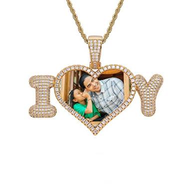 Imagem de Ied Kashiqi Colar com imagem de corrente personalizada com foto masculina, etiquetas de cachorro com pingente de memória de coração gelado para mulheres, berloques de letras, chaveiro, joias de