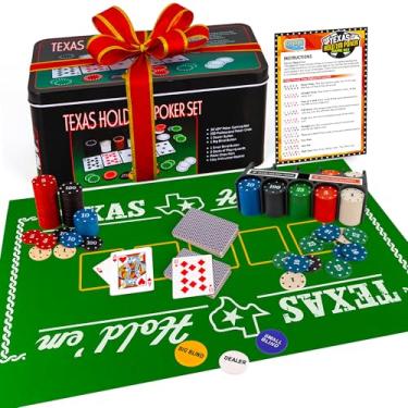 Imagem de Gamie Texas Holdem Poker Game Set - Includes Hold’em Mat, 2 Card Decks, Chips, Chip Holder and Tin Storage Box - Fun Game Night Supplies - Cool Casino Gift for Kids & Adults