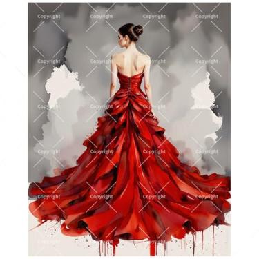Imagem de Kit de pintura de arte moderna por números para adultos - DIY mulher em vestido vermelho esvoaçante pintura em tela, conjunto de tinta acrílica, adequado para iniciantes, arte para decoração de casa