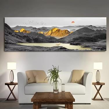 Imagem de Arte de parede em tela rústica vintage Deer At Golden Lake Mountains Dawn - Pôster sem moldura de 30 x 91 cm - Ideia de presente para decoração de casa e escritório para sala de estar, quarto, cozinha