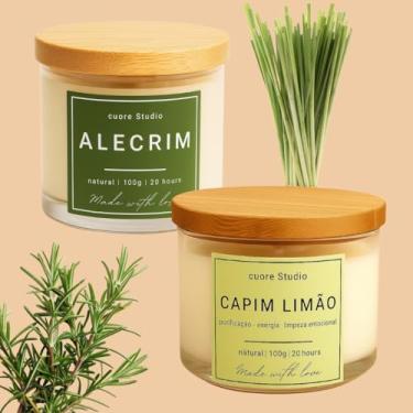 Imagem de Cuore Studio Vela Aromática Perfumada Natural, Kit com 2, Chá Branco, Vanilla, Baunilha, Alecrim, Lavanda, Capim Limão, Bamboo, Cereja e Avelã, Jasmim, 100g cada (Alecrim e Capim Limão)
