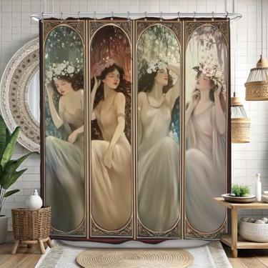 Imagem de Kalmico Cortina de chuveiro elegante feminina Art Nouveau Triptych 152 cm Lady Vintage Fairy Conjunto de acessórios para decoração com 12 ganchos