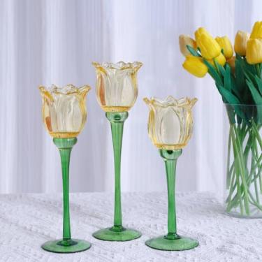 Imagem de VOHO Castiçais de tulipas douradas para centro de mesa, suporte de vela clássico dourado para decorações de aniversário, Ação de Graças, Natal, castiçais votivos de flores, centros de mesa de