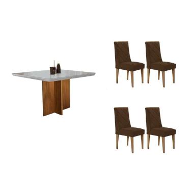 Imagem de Sala Jantar Mesa Berlim Tampo c/ Vidro Curvo 90cm+4 Cadeiras Pietá Madeira Naturale/Off White - Capuccino/Suede Capuccino - Rufato