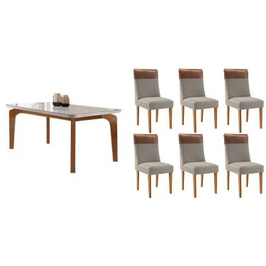 Imagem de Sala Jantar Mesa Londrina Tampo c/ Vidro Curvo 180cm+6 Cadeiras Jaspe Madeira Naturale/Off White - Capuccino/Suede Capuccino - Rufato