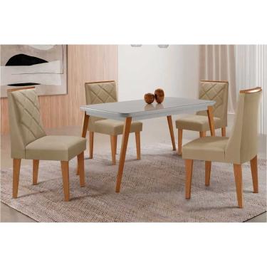 Imagem de Sala Jantar Mesa Havana Tampo c/ Vidro Curvo 120cm+4 Cadeiras Pietá Madeira Naturale/Off White - Capuccino/Linho Bege - Rufato