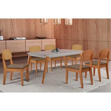 Imagem de Sala Jantar Mesa Havana Tampo c/ Vidro Curvo 180cm+6 Cadeiras Havana Naturale/Off White - Suede Capuccino - Rufato