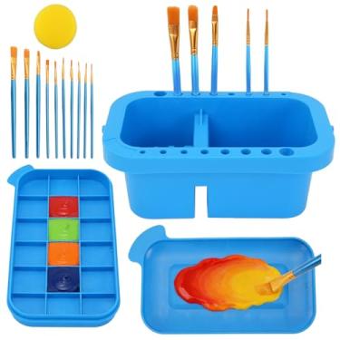 Imagem de WRENYZK Limpador de pincel, suporte de pincel de pintura com paleta, organizador de armazenamento de suprimentos de arte de pintura, enxágue para acrílico, aquarela e tintas à base de água, inclui 1
