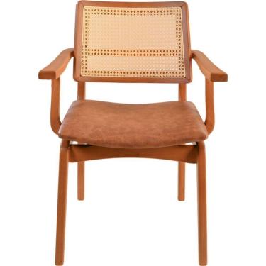 Imagem de Cadeira Amsterdã Poltrona Com Braço Madeira Maciça Amendoa Encosto Palha Sextavada Assento Corino Caramelo Mescla