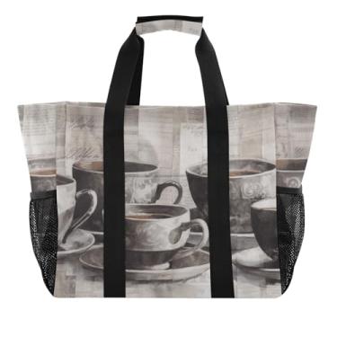 Imagem de ODAWA Tábua de madeira, xícara de café, resistente à água, grandes sacolas de mercearia dobráveis - Sacola de lona leve para academia e praia com bolsos com zíper, Tábua de madeira para café, One Size