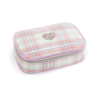 Imagem de Estojo Box Escolar Rosa Xadrez Divisórias Volta as Aulas Fofo Grande Colorido Lápis Caneta