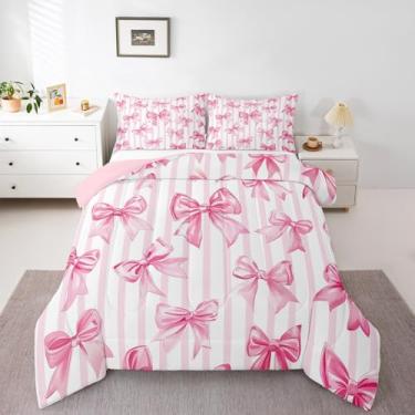 Imagem de Erosebridal Jogo de cama Queen fofo com laço kawaii, estilo princesa sonhadora, para crianças, adolescentes, mulheres, rosa, arco-íris, branco, listrado, edredom