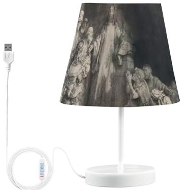 Imagem de TSENQUE Candeeiro de mesa personalizado Rembrandt com estampa de cem florins, lâmpadas LED modernas para mesinhas noturnas, lâmpadas decorativas recarregáveis por USB para quarto de crianças