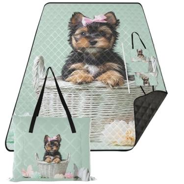 Imagem de TSENQUE Tapete de praia para filhotes de cachorro Yorkshire Terrier fofo sem areia à prova d'água, tapete de acampamento infantil estampado para suprimentos de piquenique de grama, tapete dobrável