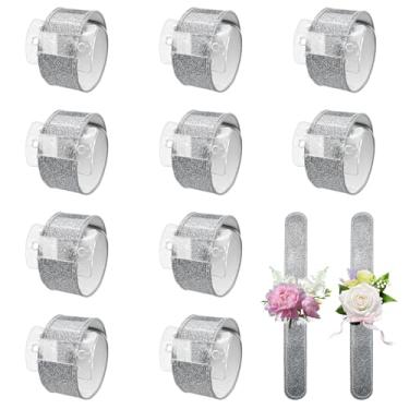 Imagem de Diakey Pacote com 10 pulseiras de corsage, pulseiras brilhantes de corsage de flores de casamento para lembrancinhas de festa de chá de noiva (prata)