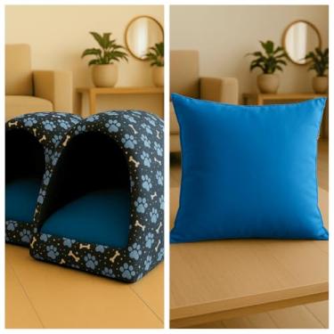 Imagem de Cama Iglu para Cachorro e Gato em Tecido Oxford com Zíper Lavável – Casinha Pet Confortável e Aconchegante(2 Azuis + Almofada,G)