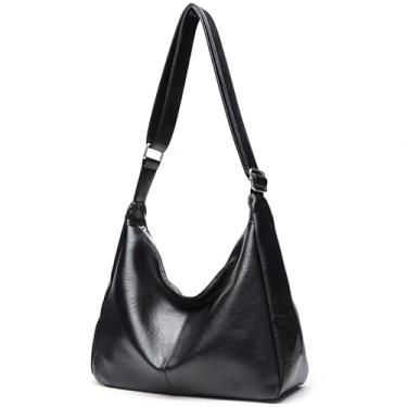 Imagem de Fozehlad Hobo Bolsas femininas de couro vegano macio, bolsa tiracolo dobrável e despojada para o trabalho diário, Preto, Retrô vintage simples