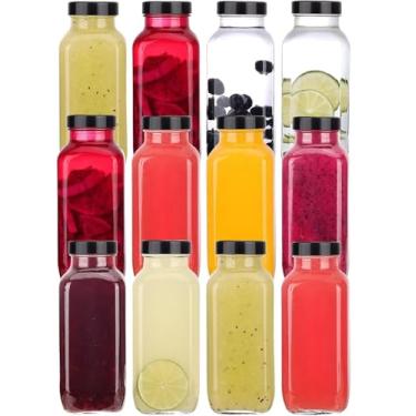 Imagem de Pacote com 12 garrafas de suco de 227 g com tampas e etiquetas pretas, recipientes reutilizáveis de armazenamento de suco de viagem, frascos de vidro transparente para sucos, água, gengibre, doses de