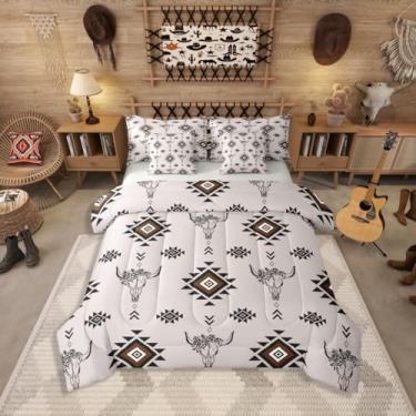 Imagem de Jogo de cama queen com 7 peças asteca do sudoeste, cama rústica de caveira de touro, cinza, marrom, branco, tribal, inclui edredom, conjunto de lençol, fronhas e fronhas, decoração de quarto