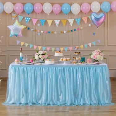 Imagem de Saia de mesa de tule azul bebê, retangular, saias de mesa de 1,8 m, para professores, sala de aula, dormitório, cortina, tecido, babados, tutu, saias de mesa, lantejoulas, glitter, chá de bebê