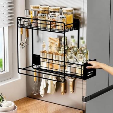 Imagem de Trysea Suporte magnético para temperos para geladeira com camadas removíveis, organizador magnético preto para geladeira, prateleira dupla de metal com 5 ganchos