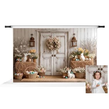 Imagem de Kate Pano de fundo de coelhinho da Páscoa para fotografia com ovos coloridos e porta de madeira, adereços para fotos 3 x 2 m