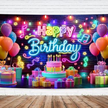 Imagem de Imirell Pano de fundo neon feliz aniversário 17 L x 13 cm A música festa grafite respingo tinta notas coloridas luzes parede tijolo tecido poliéster balões fotografia fundos de fotos decoração