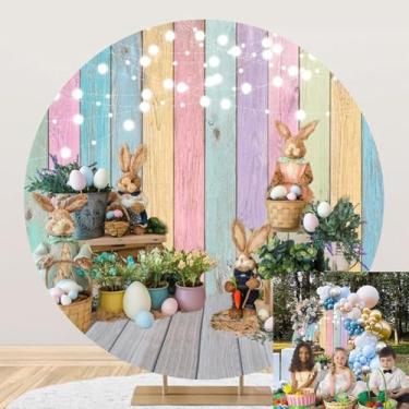 Imagem de OERJU Capa de fundo redonda primavera Páscoa coelho ovos colorido madeira fotografia tema Páscoa aniversário chá de bebê decorações de festa fundo circular crianças sessão de fotos adereços 2 m