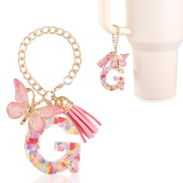 Imagem de Acessórios de copo com pingente de letra, decoração de copo de alfabeto fofo com alça de caneca pingentes de decoração correntes com borboleta para Stanley Tumblers presente feminino (G)