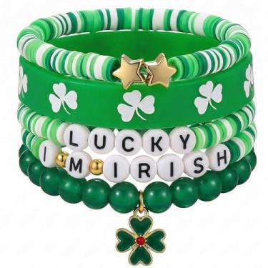 Imagem de Dymoan Conjunto de pulseiras de trevo da sorte do dia de São Patrício - pulseira de trevo de pedra natural verde amuletos da sorte presente moderno para mulheres adultas (empilhável)